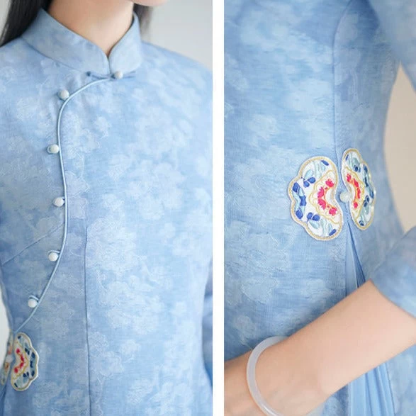 Robe Chinoise Longue Bleu 5 Robe Chinoise Longue Bleu – Image 3