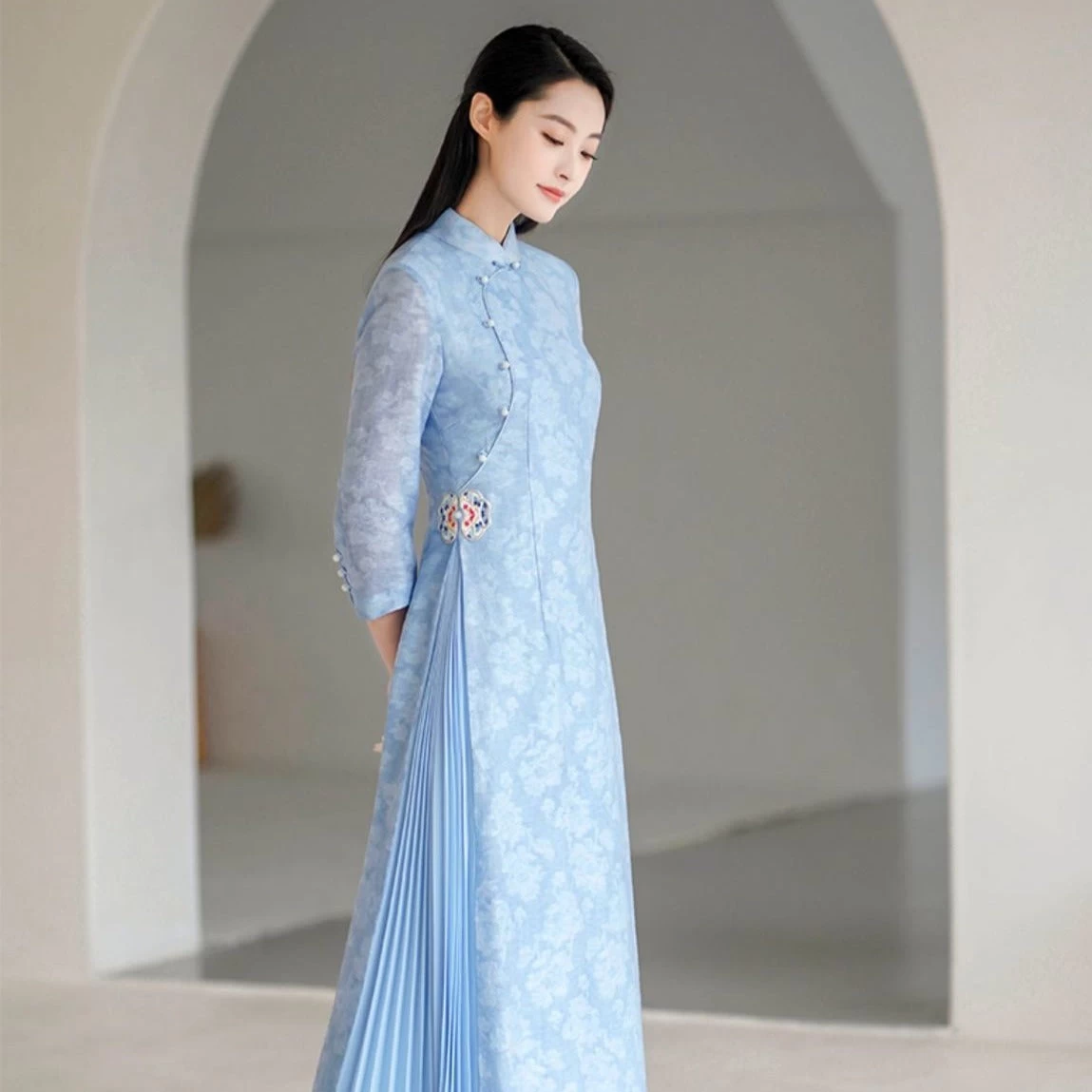 Robe Chinoise Longue Bleu 3 Robe Chinoise Longue Bleu
