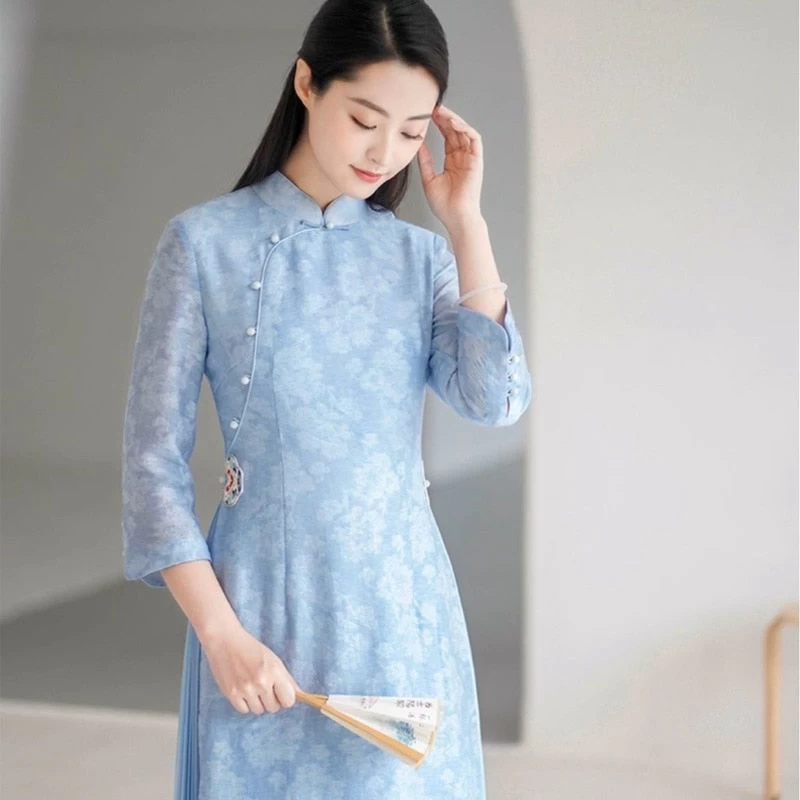 Robe Chinoise Longue Bleu 9 Robe Chinoise Longue Bleu – Image 7