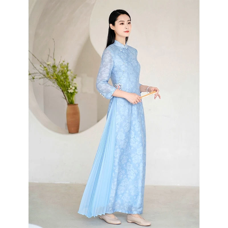 Robe Chinoise Longue Bleu 6 Robe Chinoise Longue Bleu – Image 4